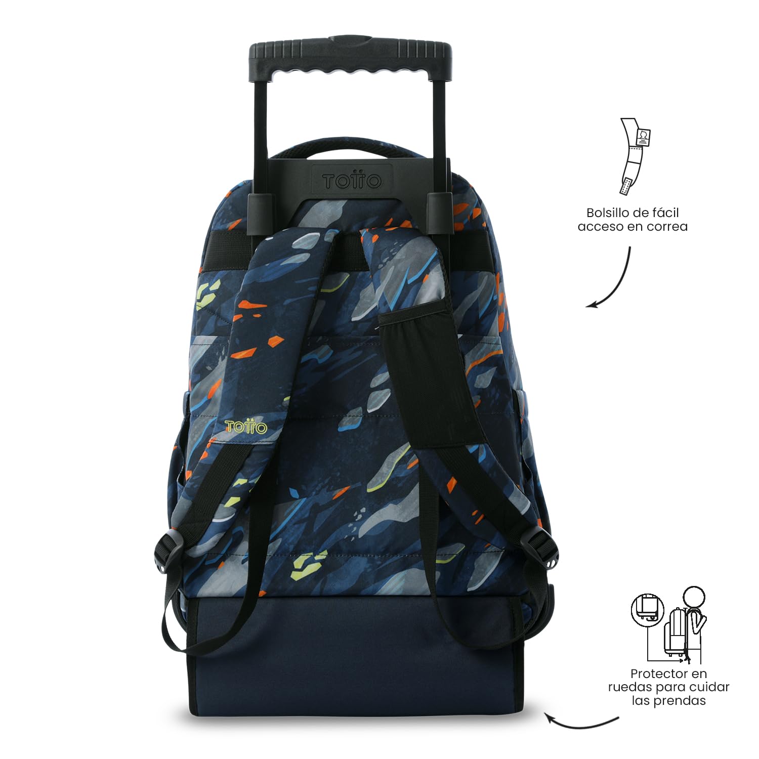 TOTTO - Mochila Escolar con Ruedas, Modelo Renglones, Capacidad 26,21 Litros, Bolsillo para PC 14", Bolsillo Botella, Correas en S para Mayor Comodidad, Resistente, Estampado Groove Azul