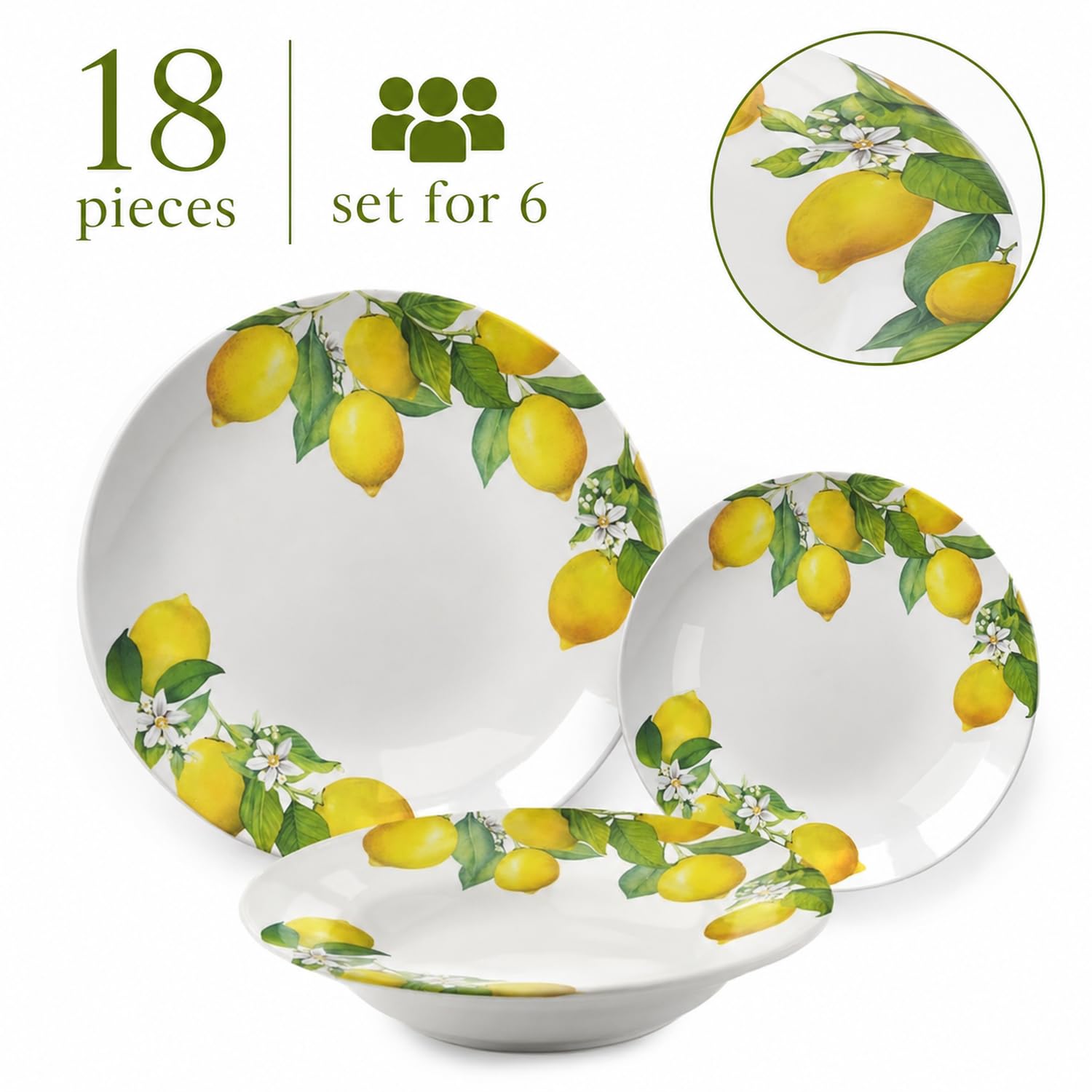 Vajilla 18 Piezas Limones Porcelana Set Completo para 6 Personas Platos De Comida Postre Diseño Cítrico