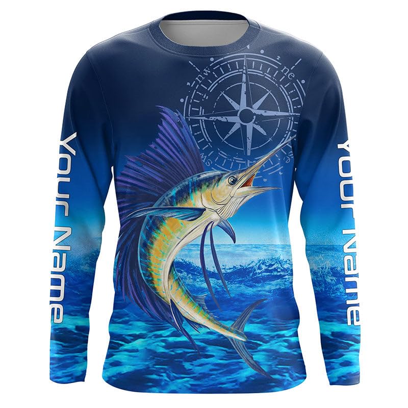 Personalized Sailfish Saltwater Blue Long Sleeve Performance Fishing Shirts - Sailfish Tournament Shirt FN5784