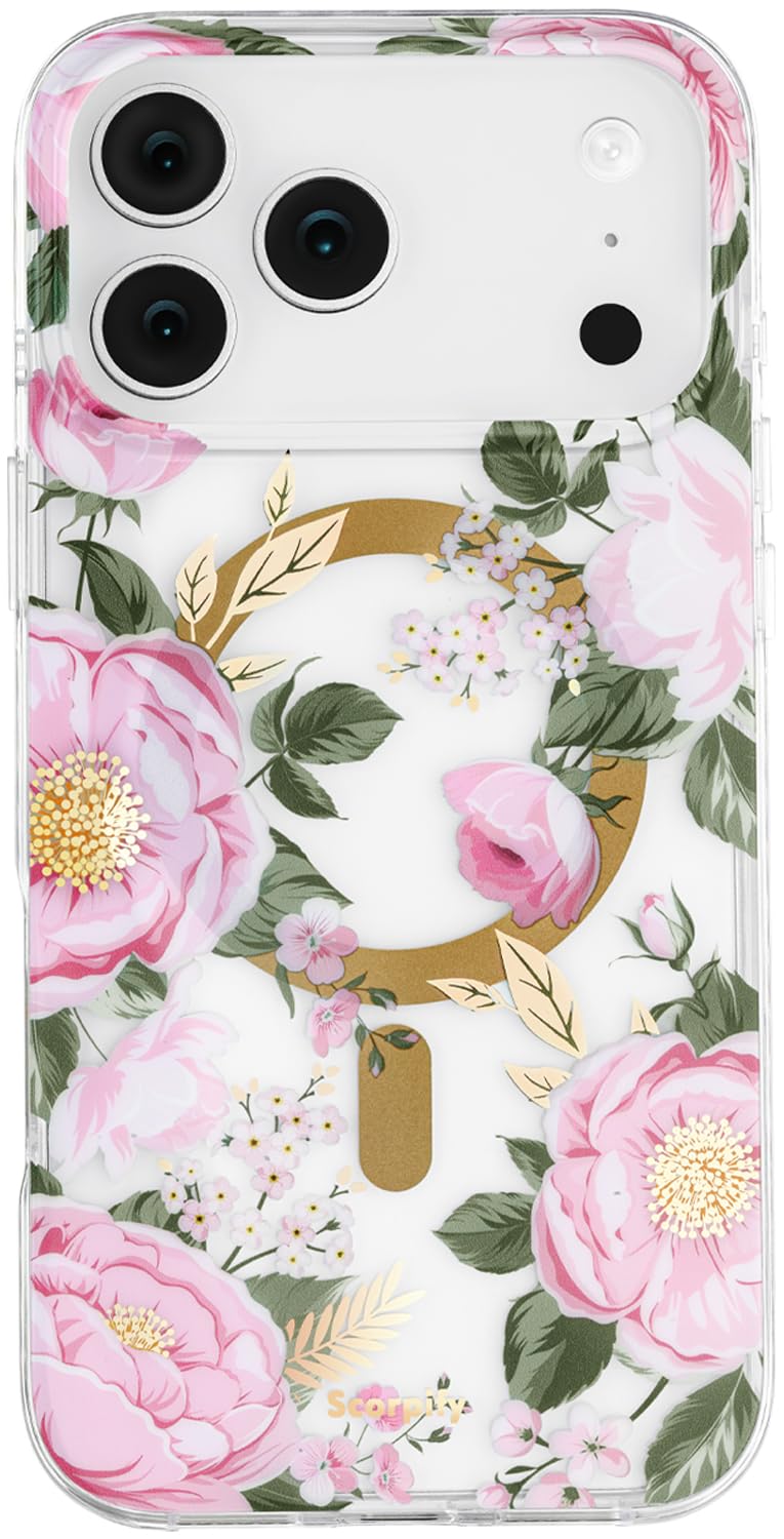 SCORPIFY for iPhone 17 Pro Case [Compatible with MagSafe] with Pink Peony Floral Design, Cute Clear Flower Magnetic Phone Cover for Women Girls, Slim Shockproof Bumper with Gold Accents