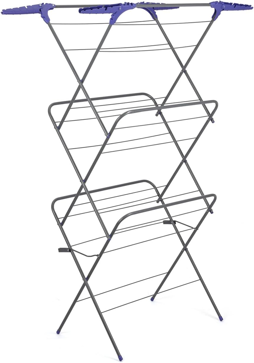 3 Tier Clothes Airer | 15M Foldable Laundry Rack for Air Drying Clothing | Indoor Airer Includes 4 Corner Hooks Space Saving Clothes Rack Indoor Outdoor Use | 63 x 45 x 139 CM (LxWxH) Grey