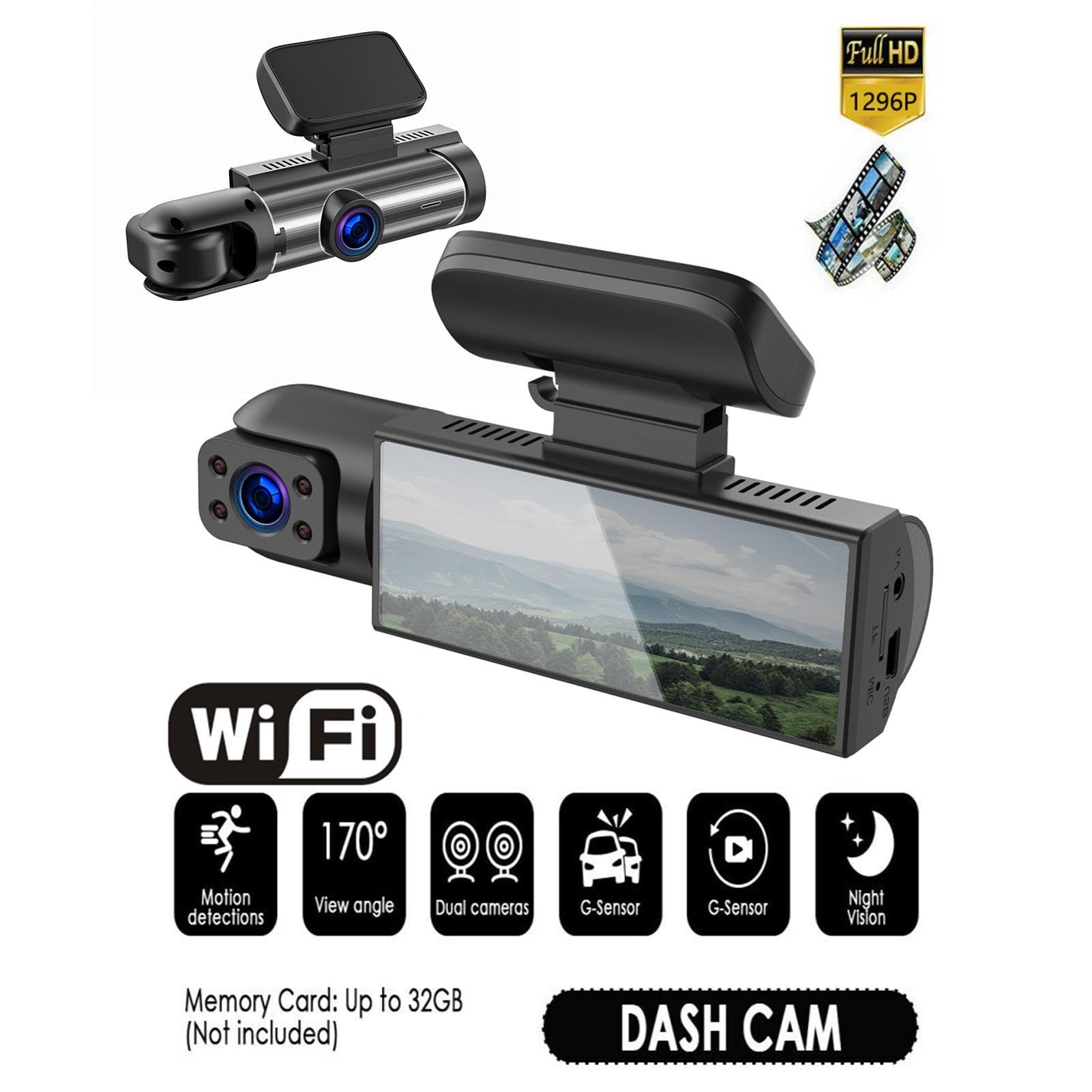 Macchina fotografica per Camion - 2 con Rilevamento di Movimento e Grande | Angolo di 170° | Telecamera per auto a doppio canale, Monitor di parcheggio, Registratore di guida, Sicurezza stradale