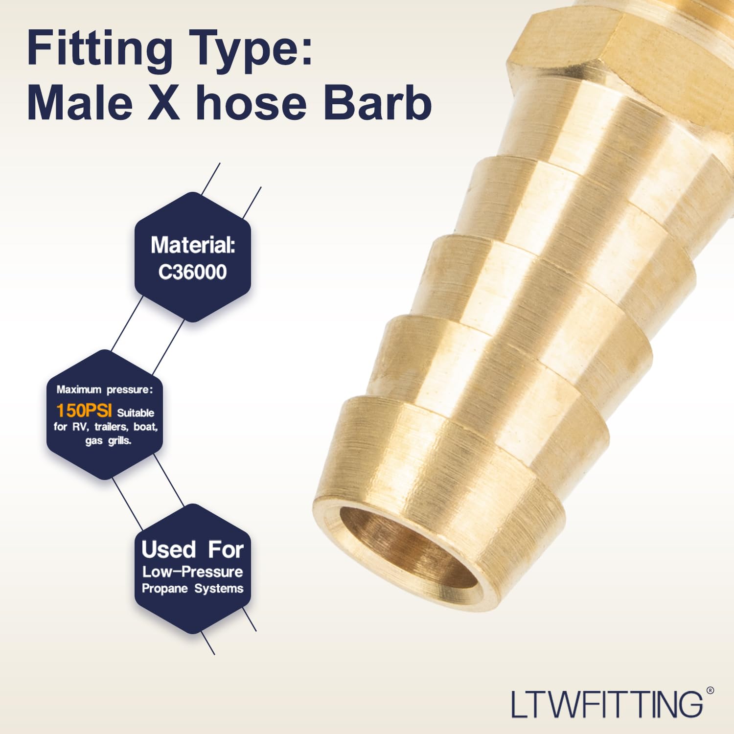 LTWFITTING Mosiężny łącznik kolczasty / złącze 1/8 cala męski BSPT x 3/8 cala (10 mm) wąż Barb paliwo gaz woda (opakowanie 5)