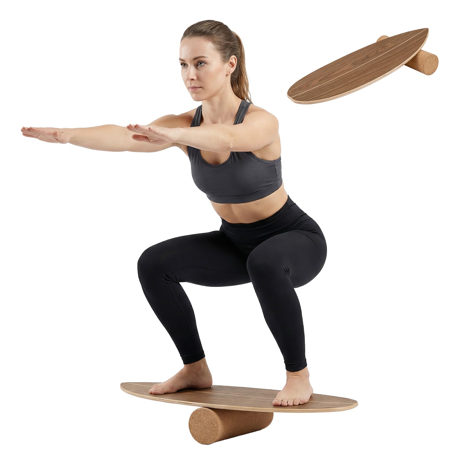 COSTWAY Wooden Balance Board, Surfing Skate Balance Trainer with Roller, Yoga Fitness Training Boards for Core Strength Body Coordination (Natural)