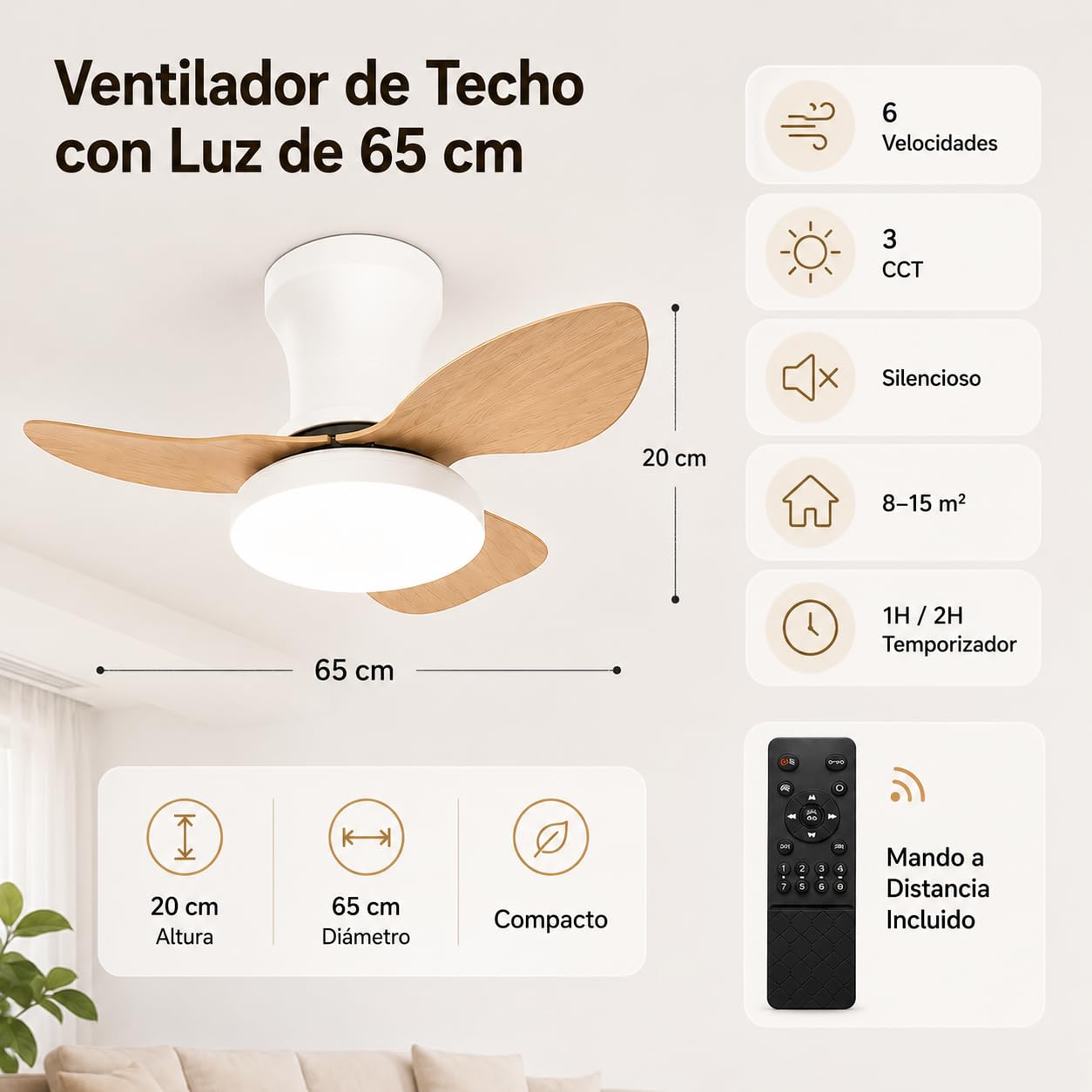 Genérico Ventilador de Techo Inteligente 63cm Madera con Luz Regulable, App/Mando, 3 Aspas Reversibles, Motor Silencioso Empotrado para Dormitorio, Bajo Consumo 220V (Blanco)