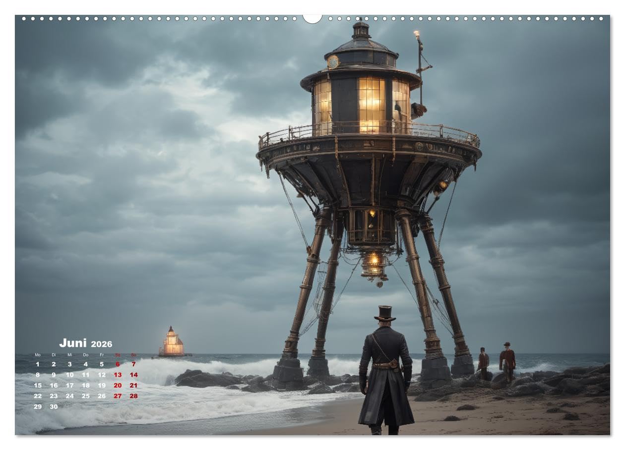 Steampunk - Die Welt der Leuchttürme (hochwertiger Premium Wandkalender 2026 DIN A2 quer), Kunstdruck in Hochglanz: Leuchttürme in einer Steampunk Umgebung (CALVENDO Technologie)