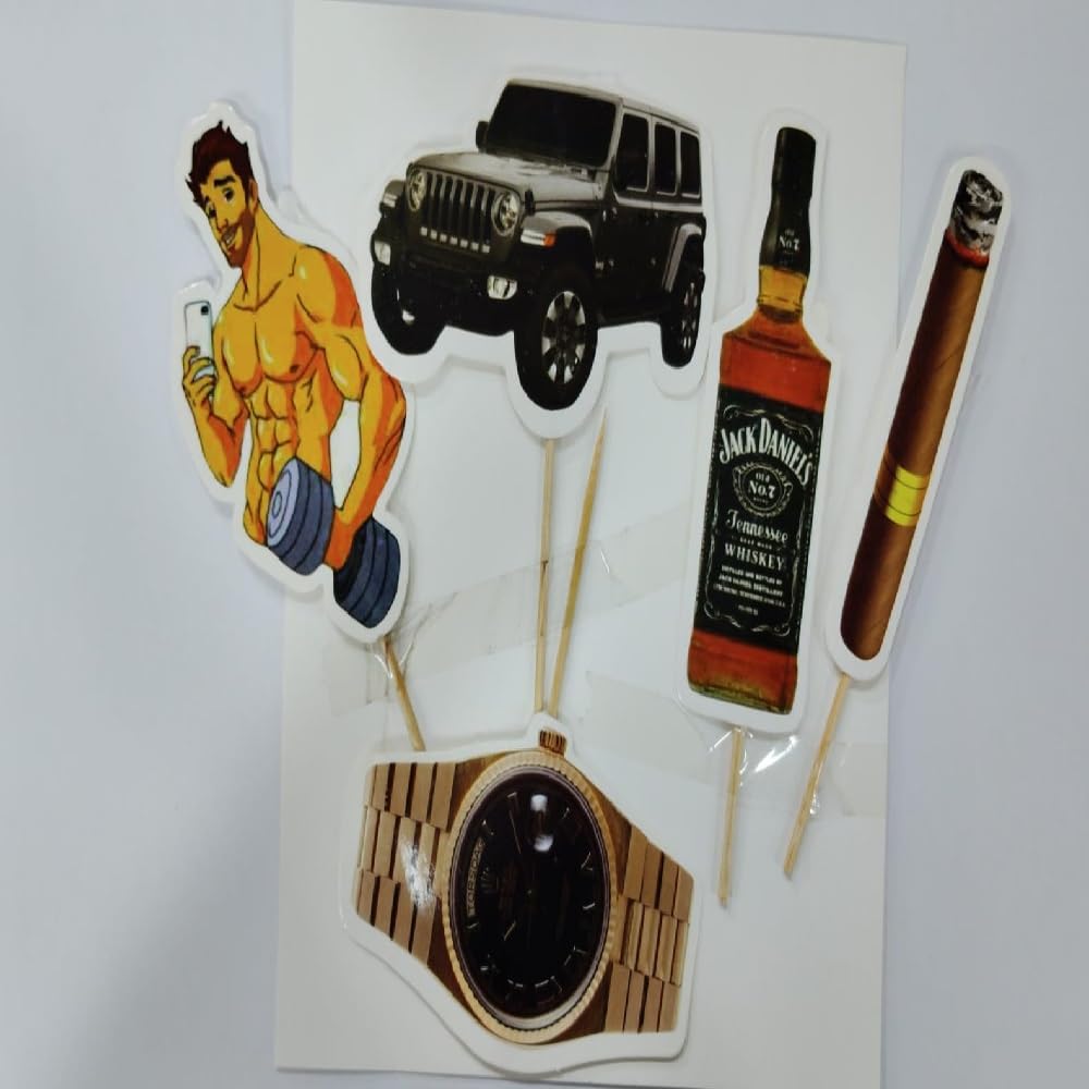 Cigarette, Car, Watch, Whisky Theme Paper Cake Topper(5 inch)| Fun Theme Based Toppers For Cake/Cupcake Decoration (Pack of 5)