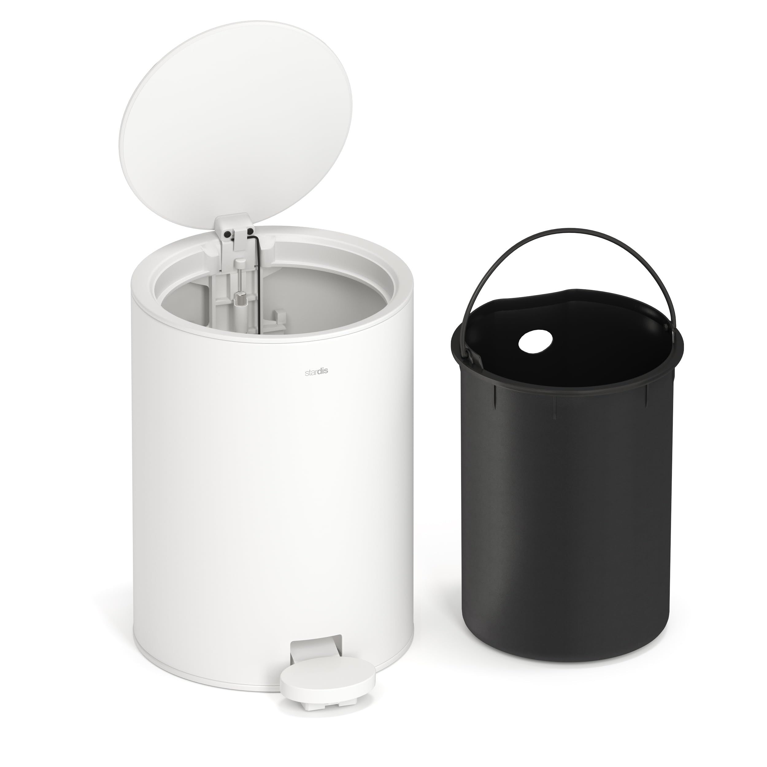 Papelera con pedal de 3 litros de acero inoxidable mate con cierre suave y tapa abatible, silenciosa, con cubo interior, papelera de basura, papelera de baño, color blanco