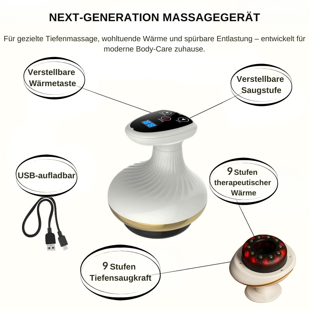 SculptFlow Pro | Tiefenmassage für leichtere Beine & glattere Haut – Körpermassagegerät mit Vakuum, 9 Vakuumstufen, 9 Wärmestufen, Gua Sha Schröpfmassage, Digital Display, kabellos USB
