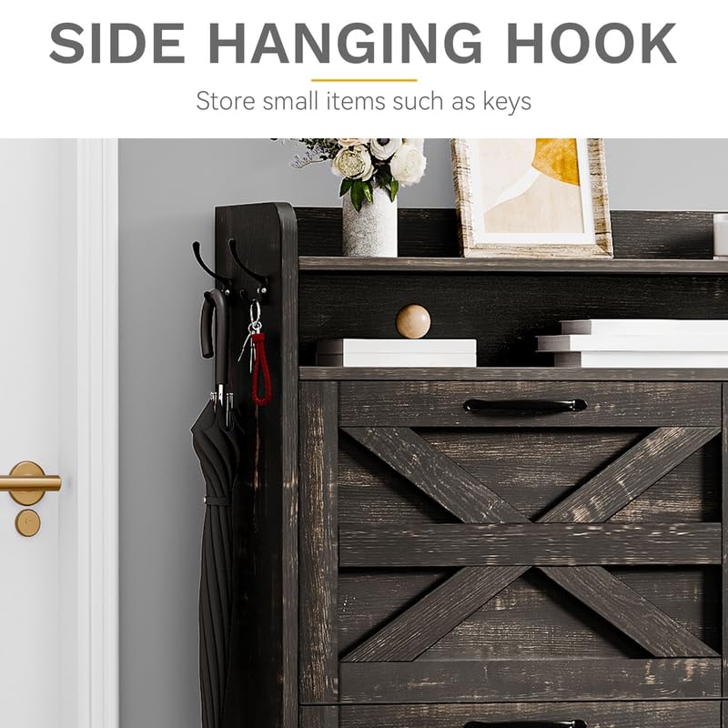 DWVO Rustic Oak 4-Tier Flip Shoe Storage Cabinet – Stylish Organizer for 24 Pairs with Metal Legs, Entryway, Living Room, and Hallway (Dark Rustic Oak)