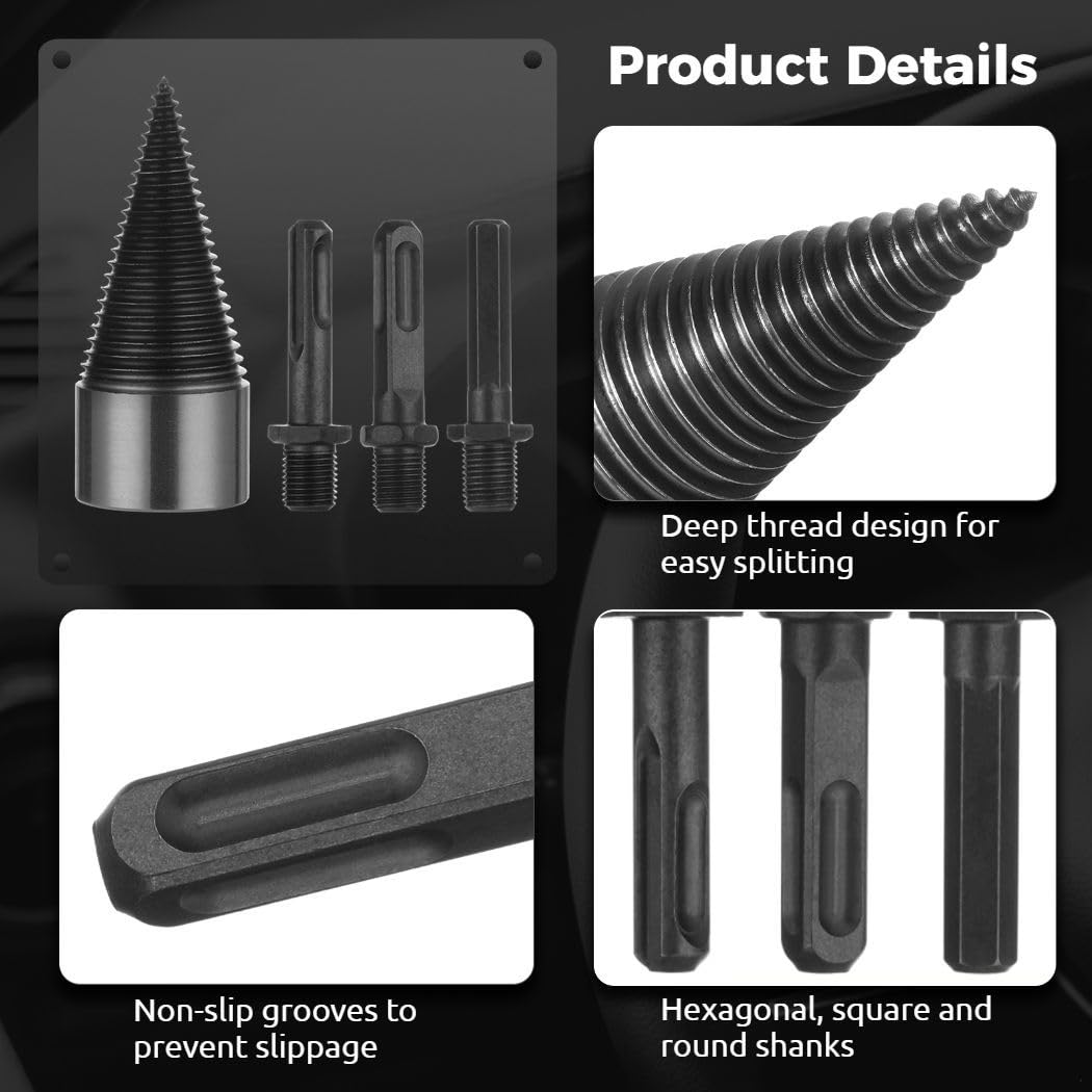 3-Piece Carbon Steel Firewood Drill Bit Handle Set, Square, Round & Hex Shanks for Electric Drills