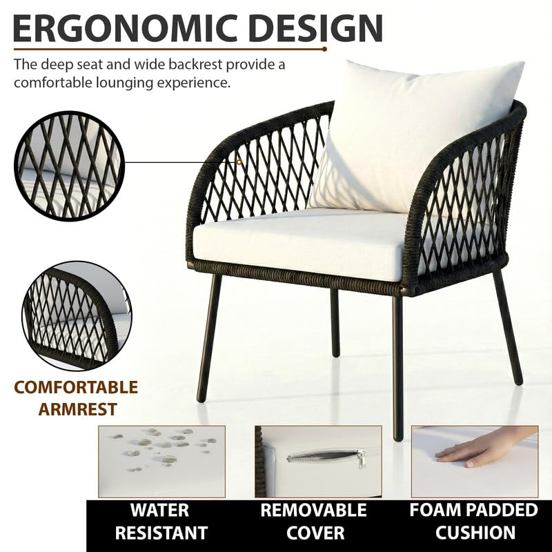 Image of OUTLIVING Braid Rope & Metal Frame Outdoor 4-Seater Sofa Set with Tempered Glass Top Center Table, Water-Repellent Cushions & Handwoven Design for Patio, Garden and Balcony (Black and White)