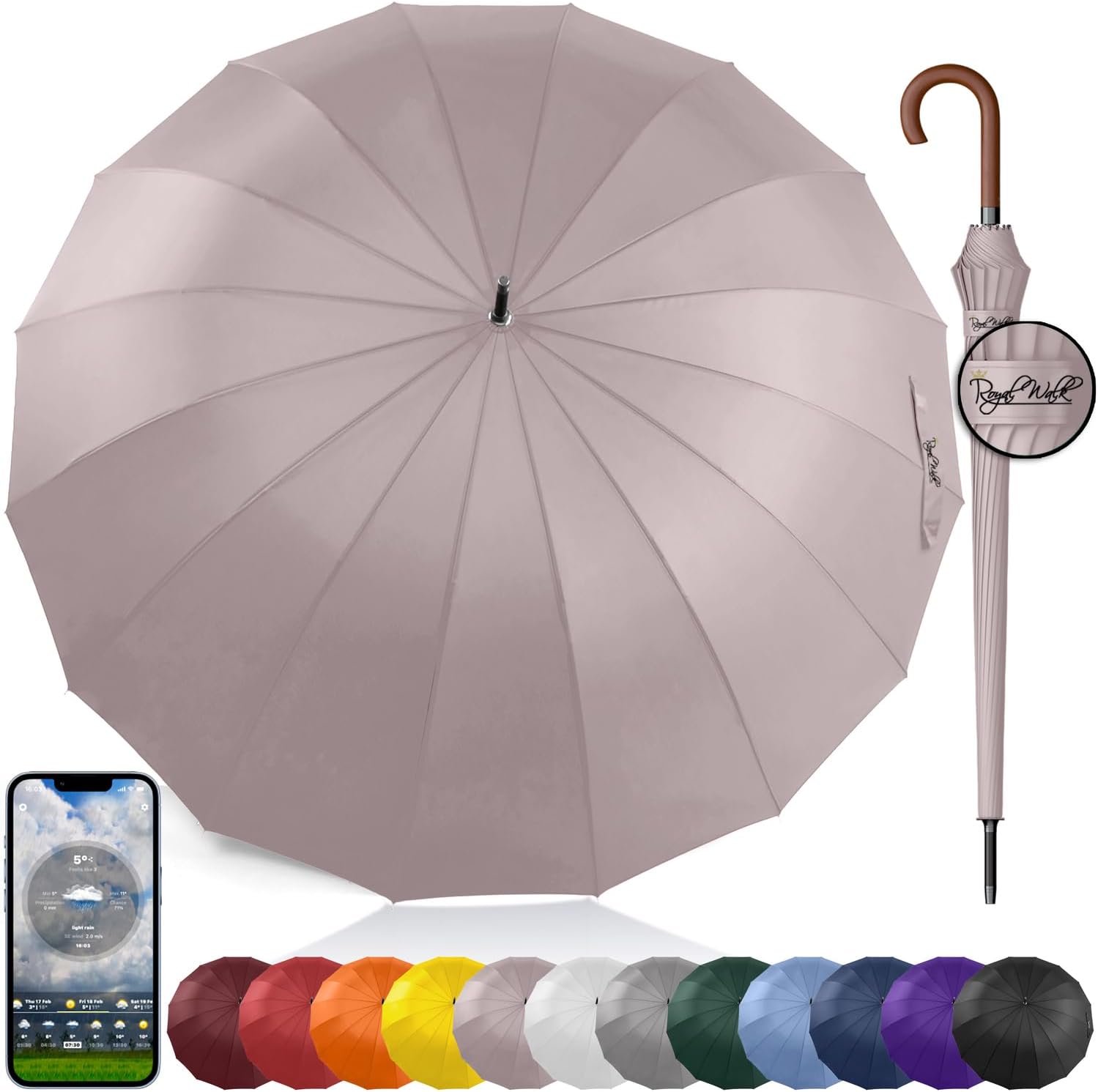 Royal Walk Windproof Large Umbrella for Rain 54 Inch Automatic Open for 2 Persons Wind Resistant Big Golf Umbrellas for Adult Men Women Classic Wooden Handle Fast Drying Strong 16 Ribs Travel 120cm Beige