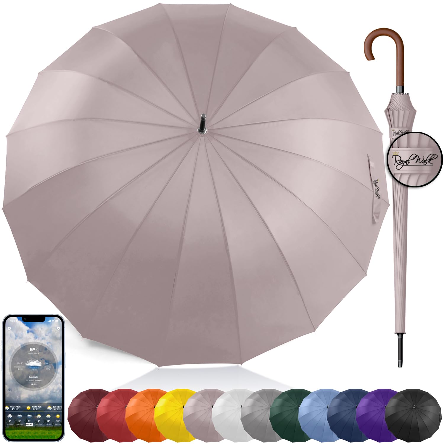 Royal Walk Windproof Large Umbrella for Rain 54 Inch Automatic Open for 2 Persons Wind Resistant Big Golf Umbrellas for Adult Men Women Classic Wooden Handle Fast Drying Strong 16 Ribs Travel 120cm