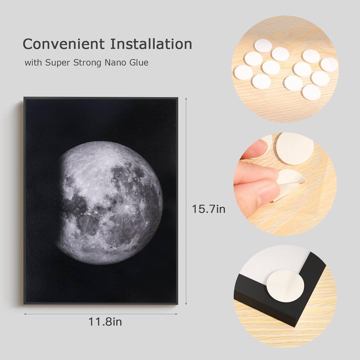 Moon Phase Wall Art, Room Dcor Canvas, Framed 3 Panels, Suitable for Bedroom, Living Room, Office, 12 x 16 Inches,Black and White
