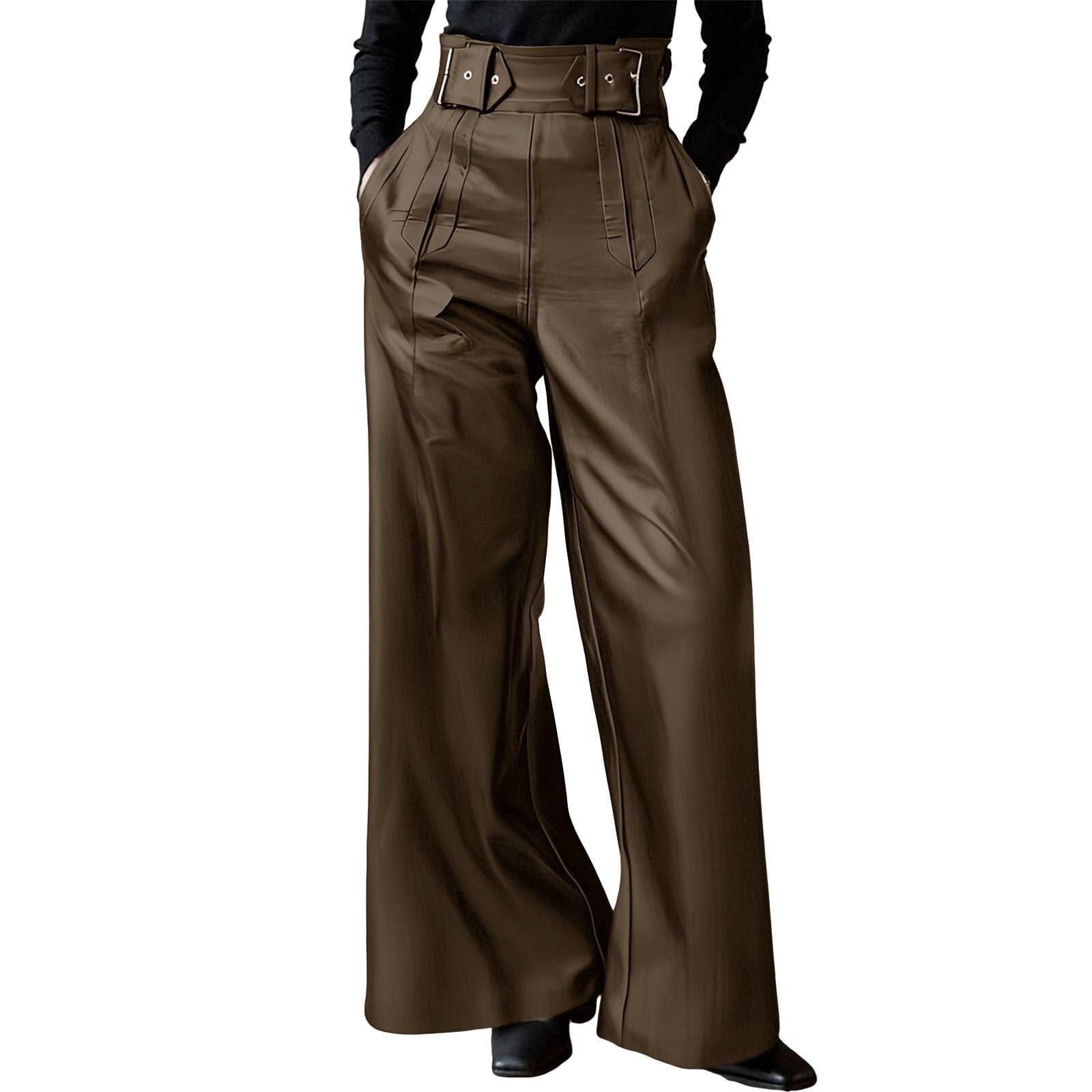 Womens Faux Leather Pants Pu High Waist Wide Leg Pants with Pockets Pleated Fall Winter Fashion Flare Trousers