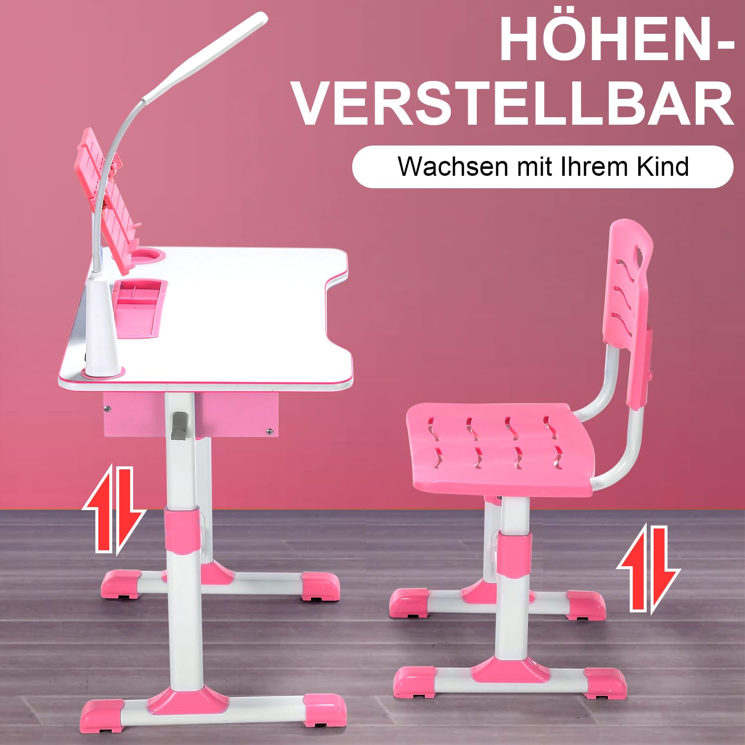 Yoakaiax Kinderbureau en stoelset, in hoogte verstelbaar studiebureau met ergonomische stoel, zitcorrector, boekenstandaard, voetpedaal - roze