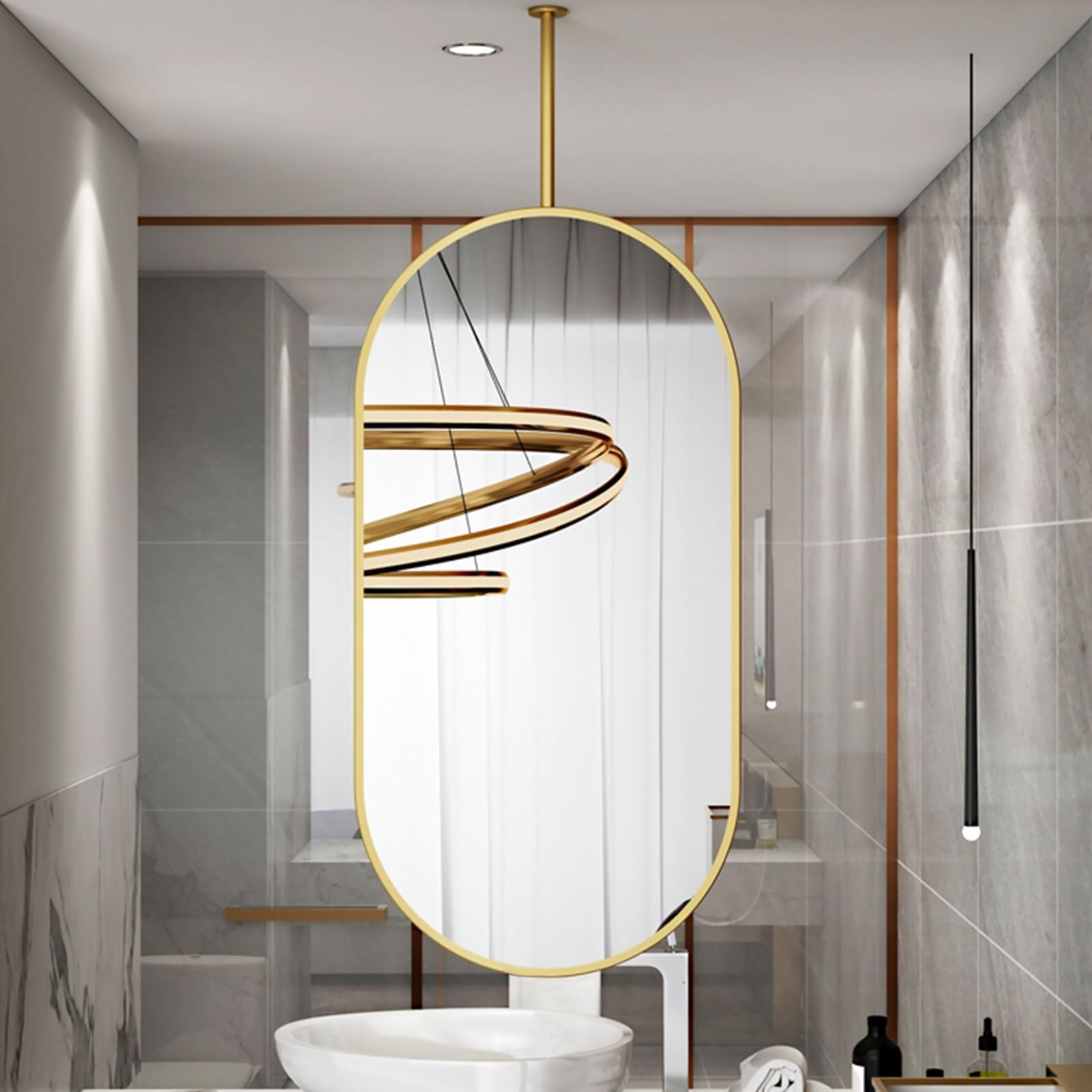 FGXHHS Ceiling Mounted Mirror with Oval Metal Frame, Gold Hanging Rod for Bathroom Vanity, Decorative Mirrors Wall - Booms can be customizable (Size : 40cmx60cm)