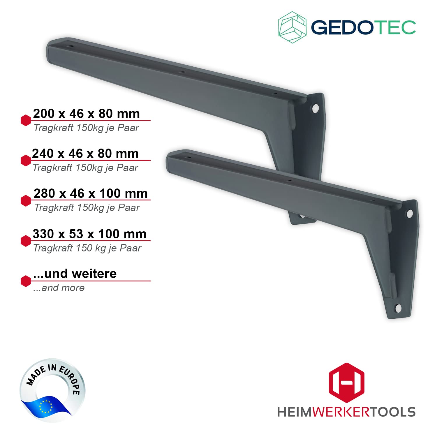 Gedotec Winkel-Schwerlastträger Metall Regalträger - MIRA | Tiefe: 680 mm | Schwerlast-Konsole Tragkraft 150 kg | Regalkonsole Stahl grau | Materialstärke 6 mm | 1 Stück - Wandkonsole für Regalböden