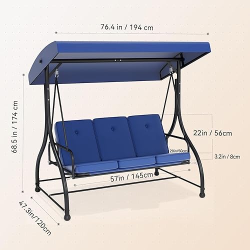 Miniatura 8 de Cama columpio para porche de 3 asientos con toldo ajustable y cojines extraíbles, marco de acero resistente, columpio para patio al aire libre,