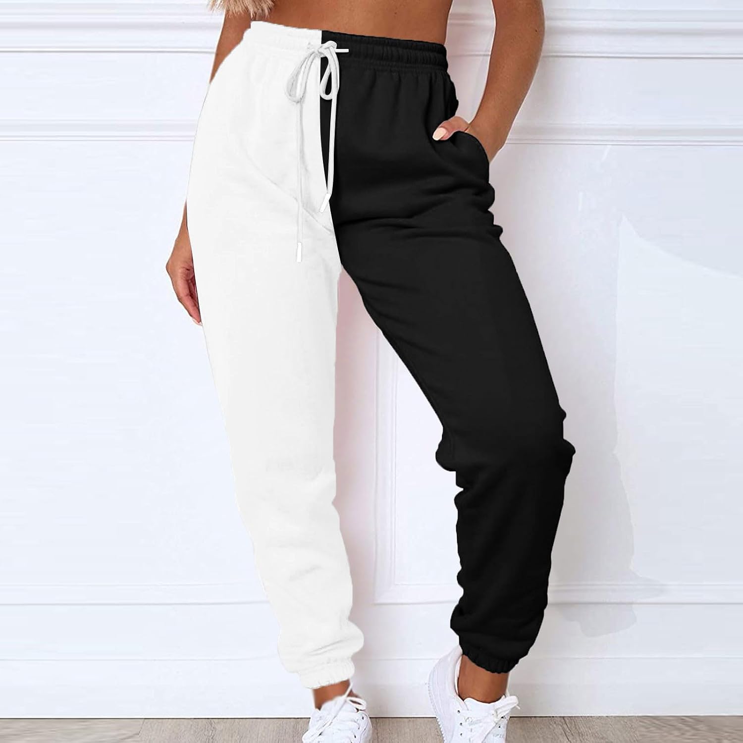 HGps8w 2 Pack Color Block Sweatpants for Women Drawstring Patchwork Casual Joggers Lounge Pants with Pockets