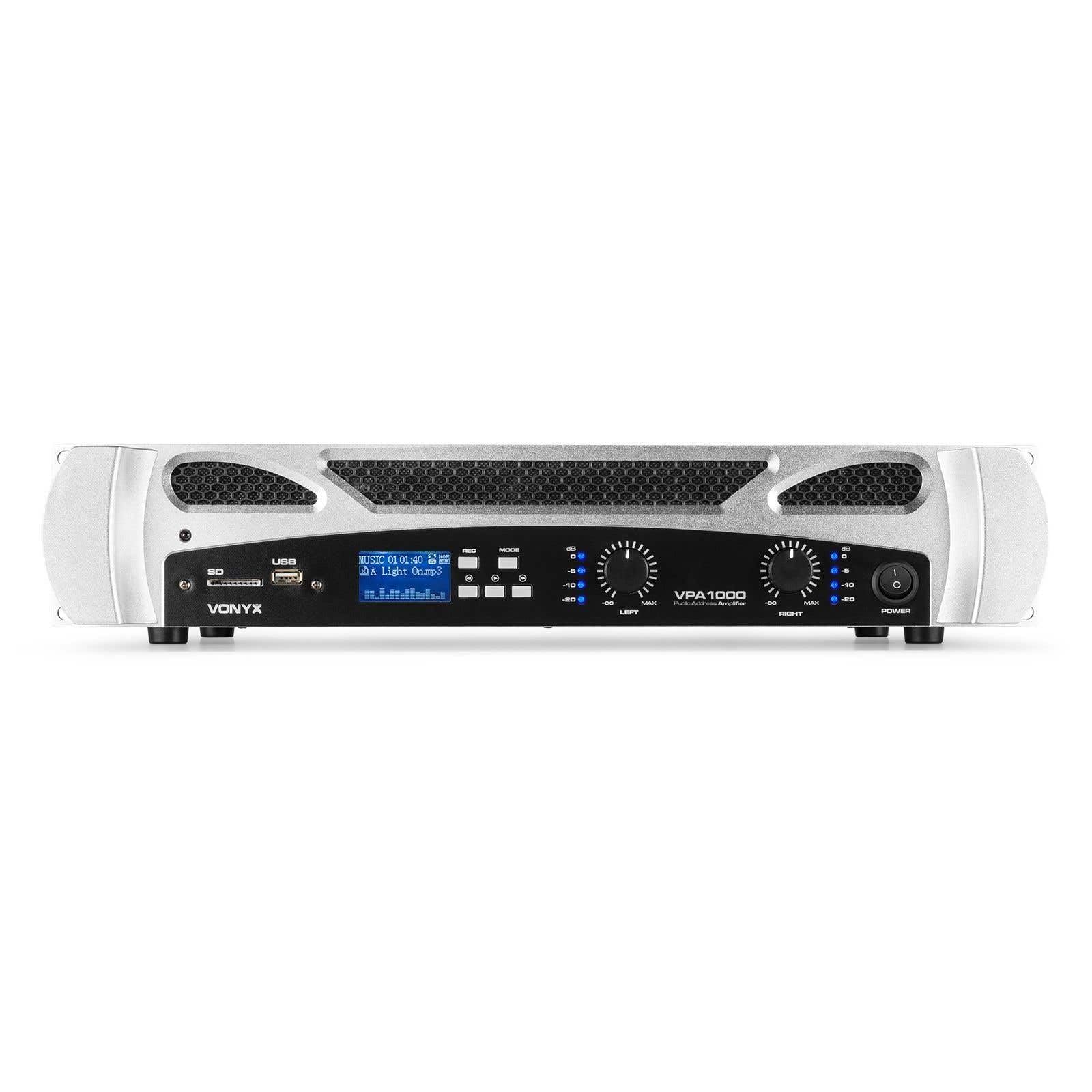 VONYX VPA1000 - Amplificateur Digital 2X 500W, Technologie sans Fil Bluetooth Intégrée, Record MP3, USB/SD, Entrées RCA, Prise Jack 6,35mm, Écran LED en Façade, Télécommande Incluse