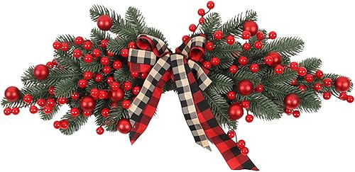 Decoración artificial de Navidad de 27.6 pulgadas, guirnalda de pino y bayas, guirnalda decorativa con lazo de cinta y bayas rojas para puerta