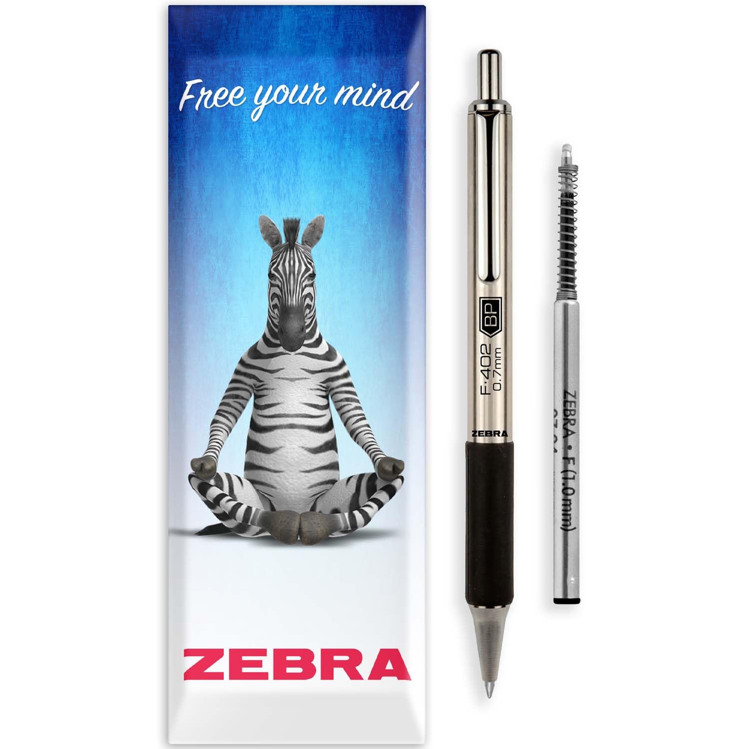 Zebra Stainless Steel Ballpoint Pen Set | F-402 Retractable Pen with Black Ink + F-Series 1.0mm Black Refill | Durable Metal Executive Writing Pen