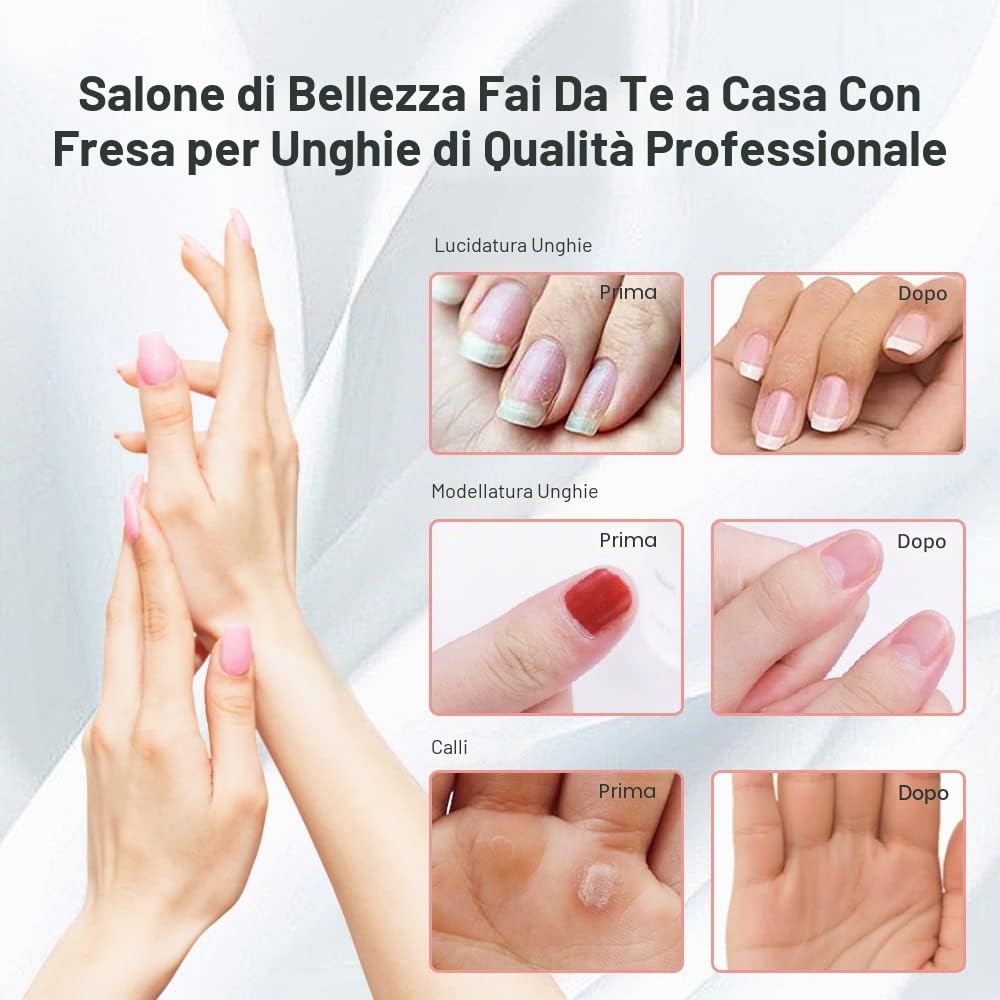 Fresa per Unghie,TOUCHBeauty Lima per Unghie Elettrica con 10 Accessori,Set Manicure e Pedicure Elettrico Kit con UV Lampade LED e Supporto, Portatile,Senza Fili AG-1335R(Rosa)