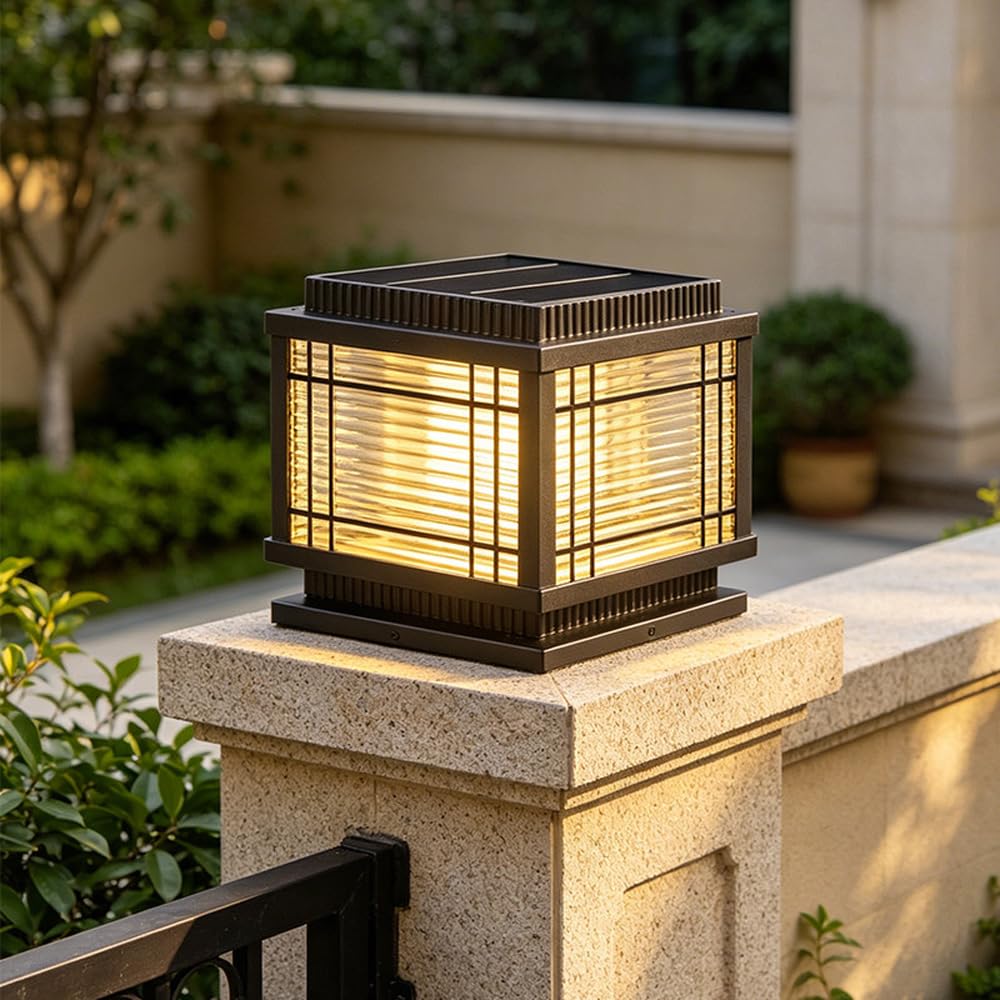 Farola solar para exteriores LED negra de columna con diseño cuadrado impermeable