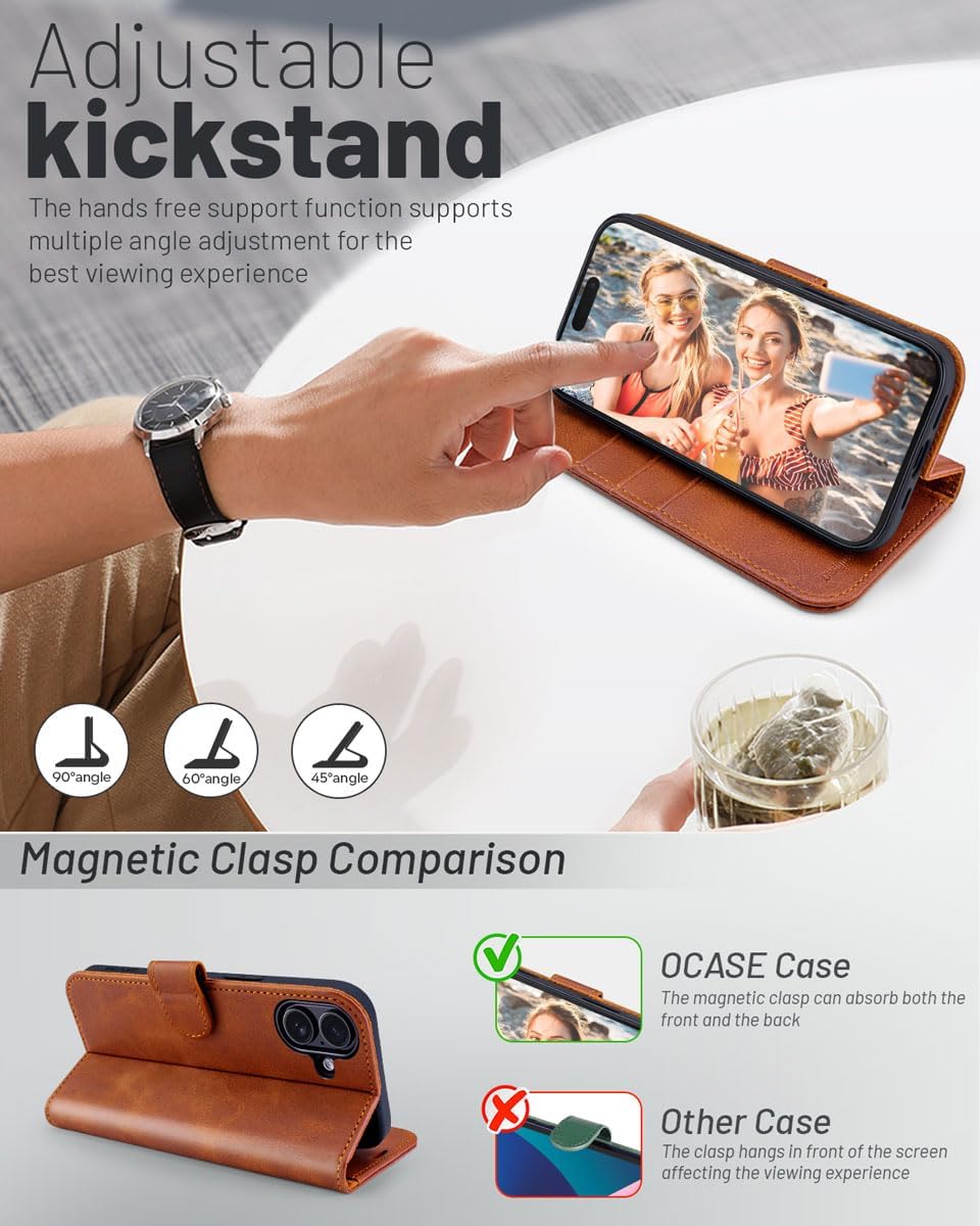 OCASE Compatible with iPhone 16 Wallet Case, PU Leather Flip Folio Case with Card Holders RFID Blocking Kickstand [Shockproof TPU Inner Shell] Phone Cover 6.1 Inch 2024, Brown