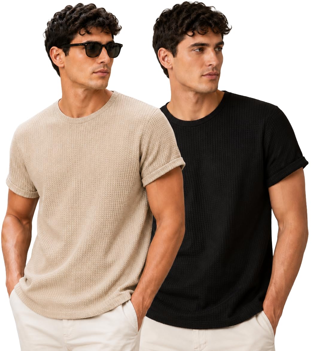 London Hills Men’s Waffle Textured T-Shirt | Solid Regular Fit Round Neck Half Sleeve Casual Wear Tee | Soft, Breathable & Lightweight Fabric