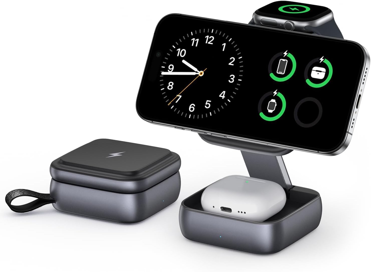 Estación de carga inalámbrica plegable 3 en 1, base de carga rápida magnética para AirPods Pro 17/16/15/14/13, Ultra/10/9, AirPods Pro - Soporte de viaje multidispositivo