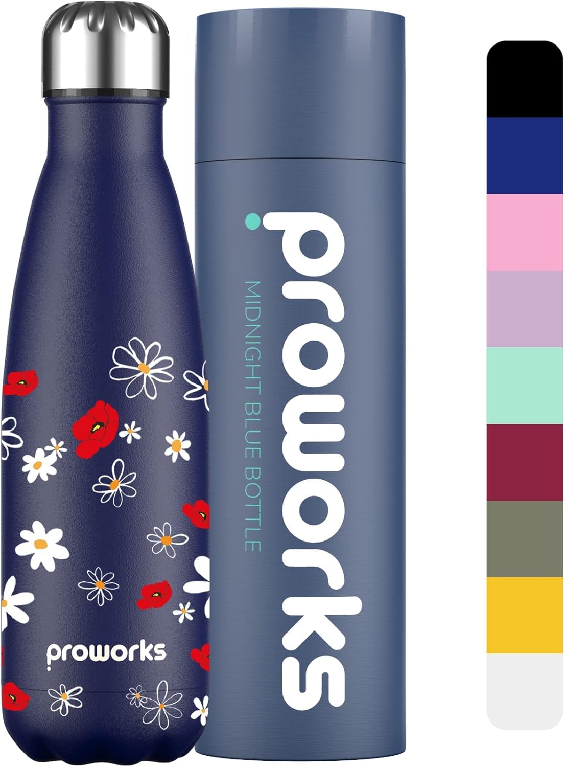Proworks Daisy Water Bottle 500ml Stainless Steel Insulated Water Bottle | Leakproof Screw Lid | Double Wall Vacuum Flask Keeps Drinks Hot 12 Hours Cold 24 Hours | BPA Free | Blue Daisy Floral