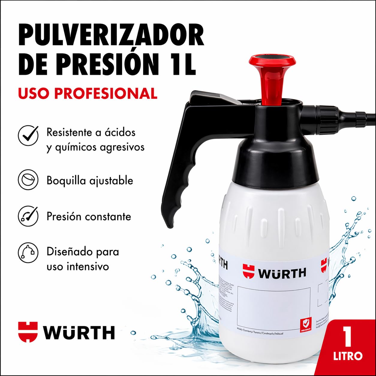 Wurth Pulverizador Presión Químicos y acidos Profesional, Pulverizador Industrial Ideal para Detailing Coche, Taller e Industria, Boquilla Ajustable - 1 Litro