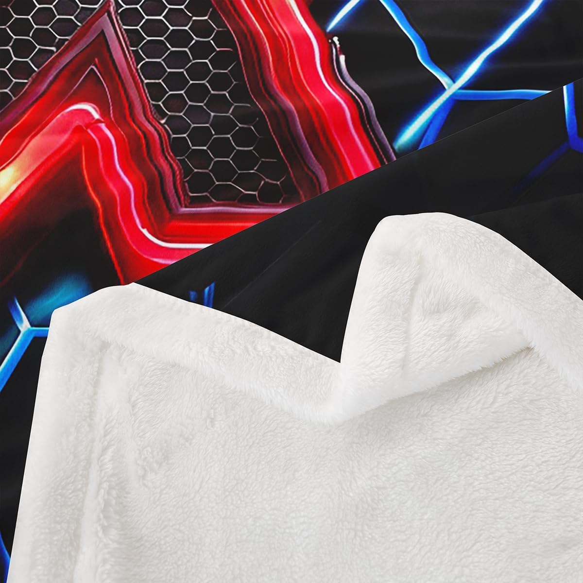 Manfei Geometric Honeycomb Kids Throw Blanket,Blue Neon Hexagon Abstract Bed Blanket for Boys Girls Man,Light Gaming Fashion Fleece Blanket,Red Black Fuzzy Blanket,40 x 50 Inches image 3