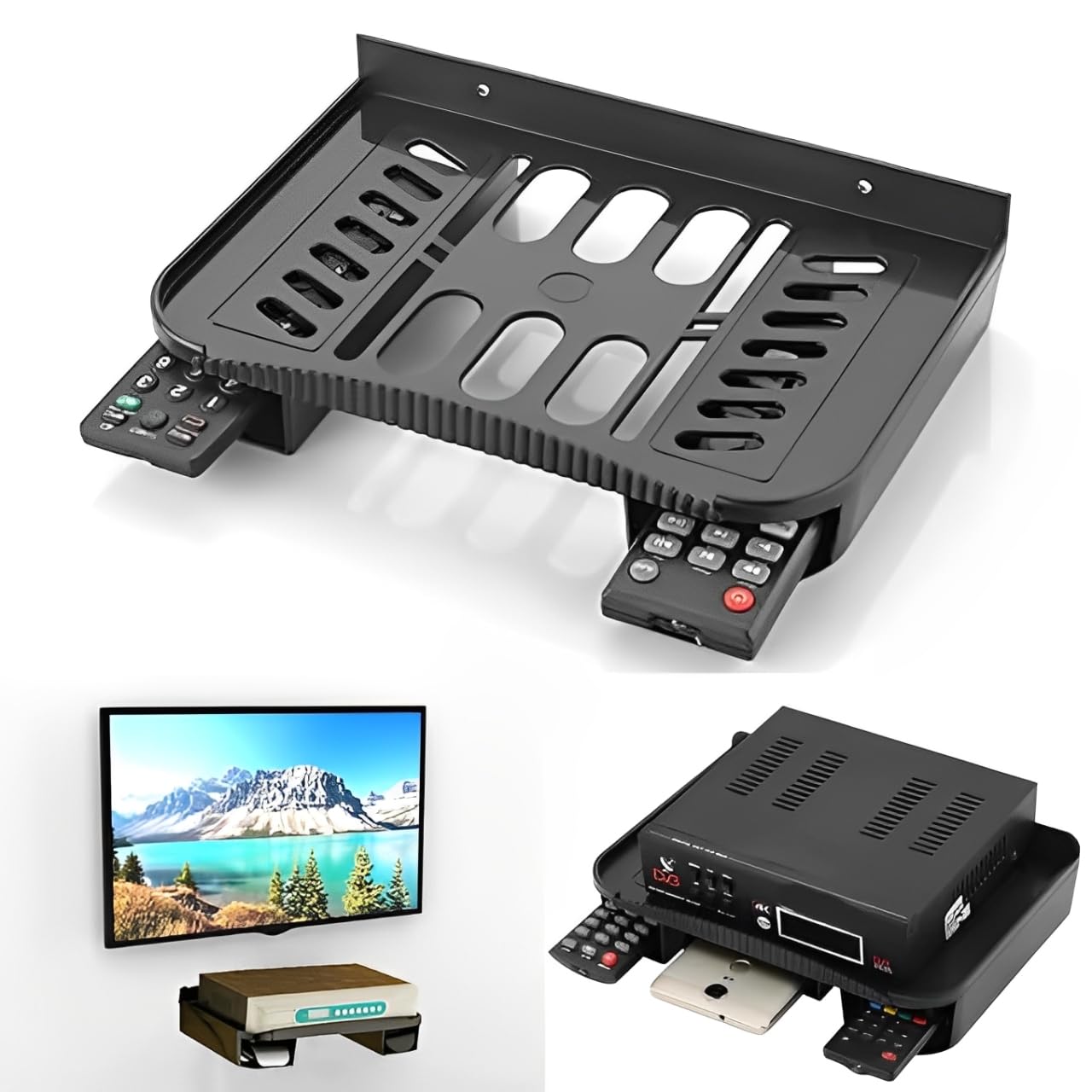 Heavy Duty Plastic Set Top Box Wall Mount Stand With Remote Holder | Wifi Router & Dth Dish Tv Set Top Box Speakers Stand | Universal (Black/Pack of 1)-image-19