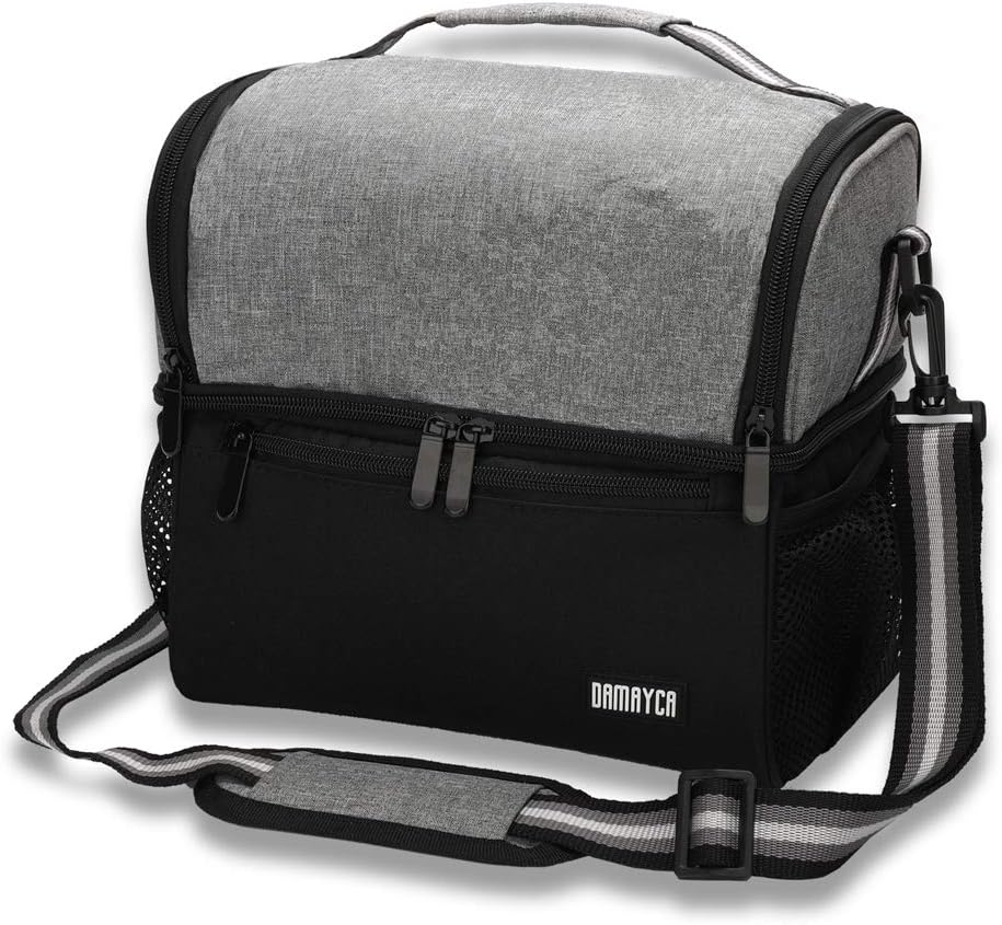 Insulated Lunch Bag Dual Compartment with Shoulder Strap, Double Deck Reusable Lunch Cooler box,Large Capacity Meal Prep Lunch Tote Bag for men women work school