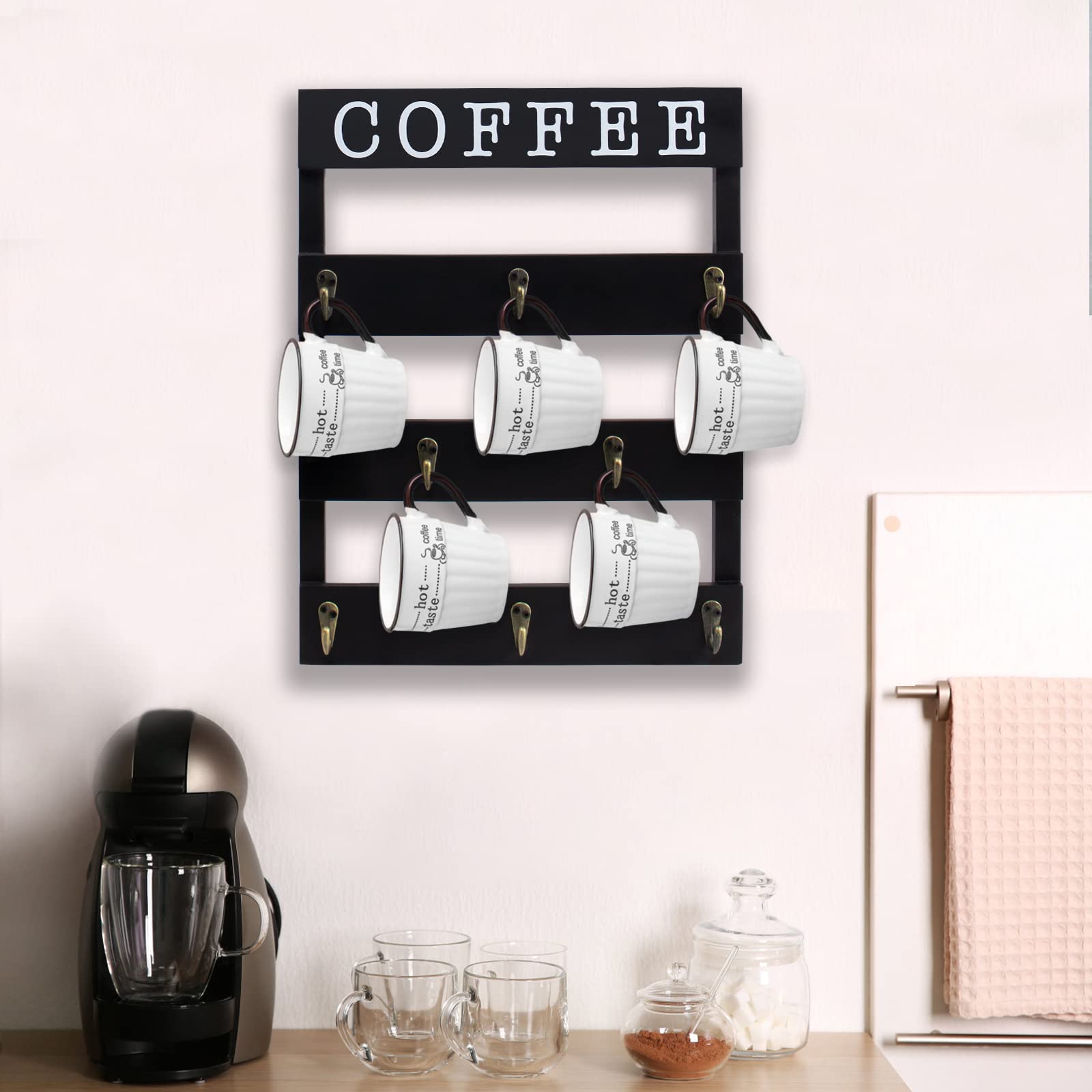 EMAISON Solid Wood Coffee Mug Holder Wall Mounted, Rustic Cup Rack with 8 Hooks Large Space for Big Cups for Kitchen, Home, Coffee Bar Station (Black)