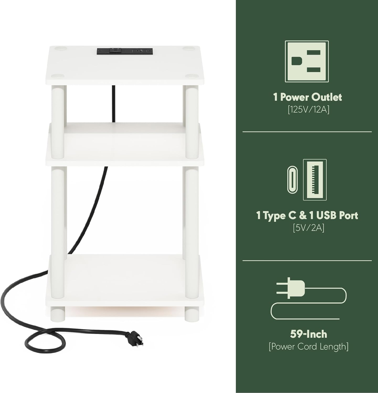 Furinno JUST Side Table, 3-Tier Modern End Table with Charging Station, Easy Assembly Night Stand, Bedside Table with USB and Type-C Charging Port, for Living Room, Bedroom, White