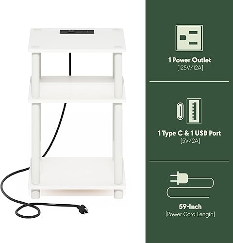 Miniatura 7 de Furinno JUST - Mesa auxiliar de 3 niveles con estación de carga, mesita de noche de fácil montaje, mesita de noche con puerto de carga USB y tipo C,