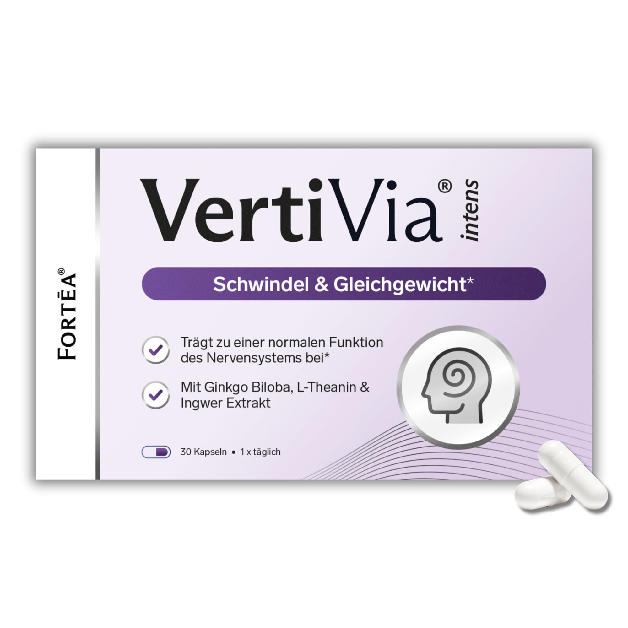 FORTEA® - Schwindel & Gleichgewicht Kapseln in Apothekenqualität - VertiVia intens - mit Ginkgo, Ingwer, Vitamin B6, Vitamin B12 - rezeptfrei - Unterstützung der kognitiven Funktion - 30 Stk.