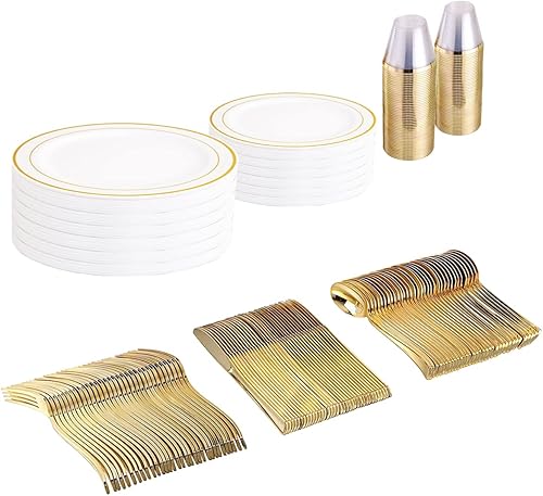 ricpok Juego de vajilla dorada de 50 piezas juego de vajilla dorada de 300 piezas 50 platos de plástico con borde dorado 50 cubiertos de plástico
