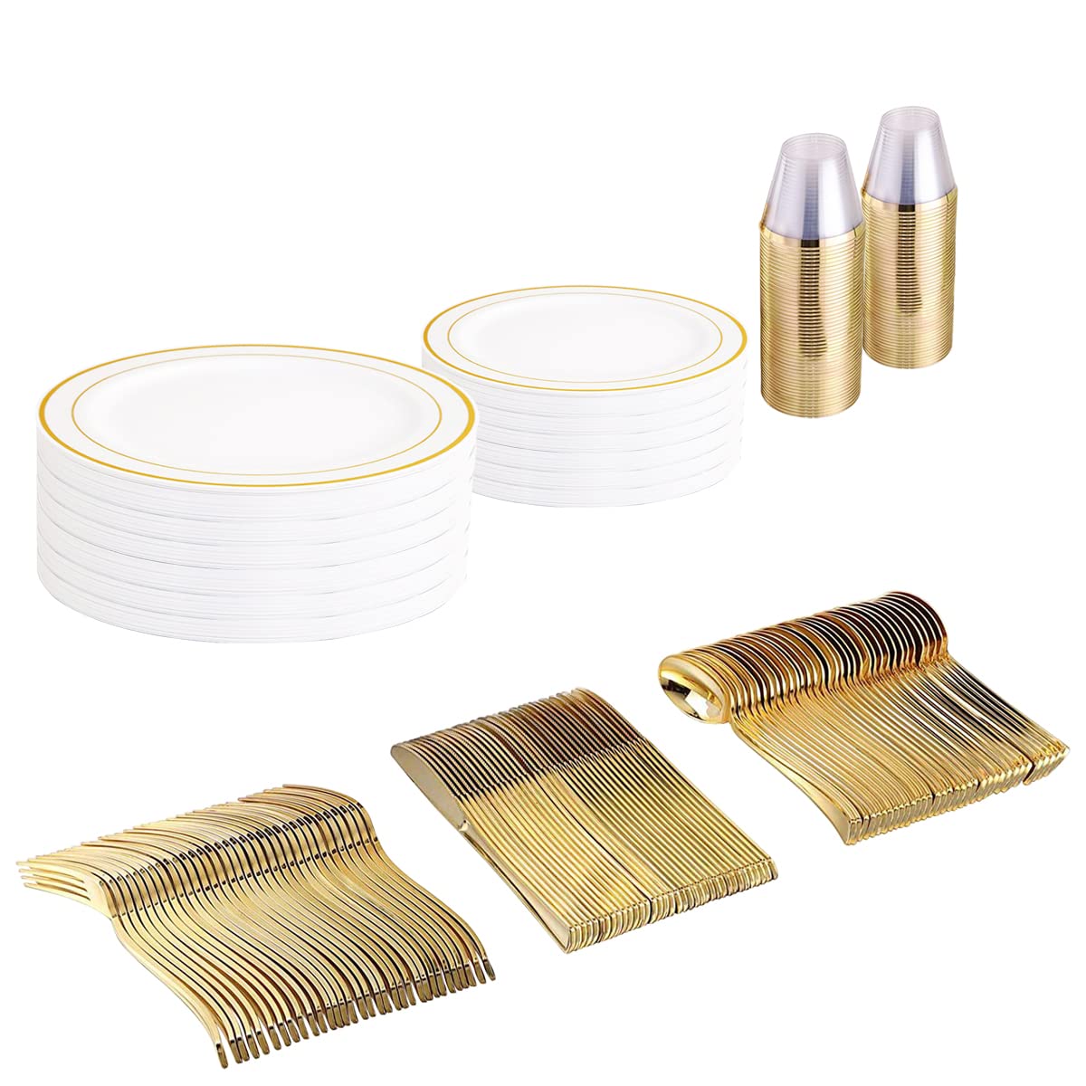 ricpok 50 Guest Gold Dinnerware Set 300 Piece -50 Gold Rim Plastic Plates-50 Gold Plastic Silverware-50 Gold Rim Cups Disposable,Suit for Wedding,Catering Event,Birthday,Party…