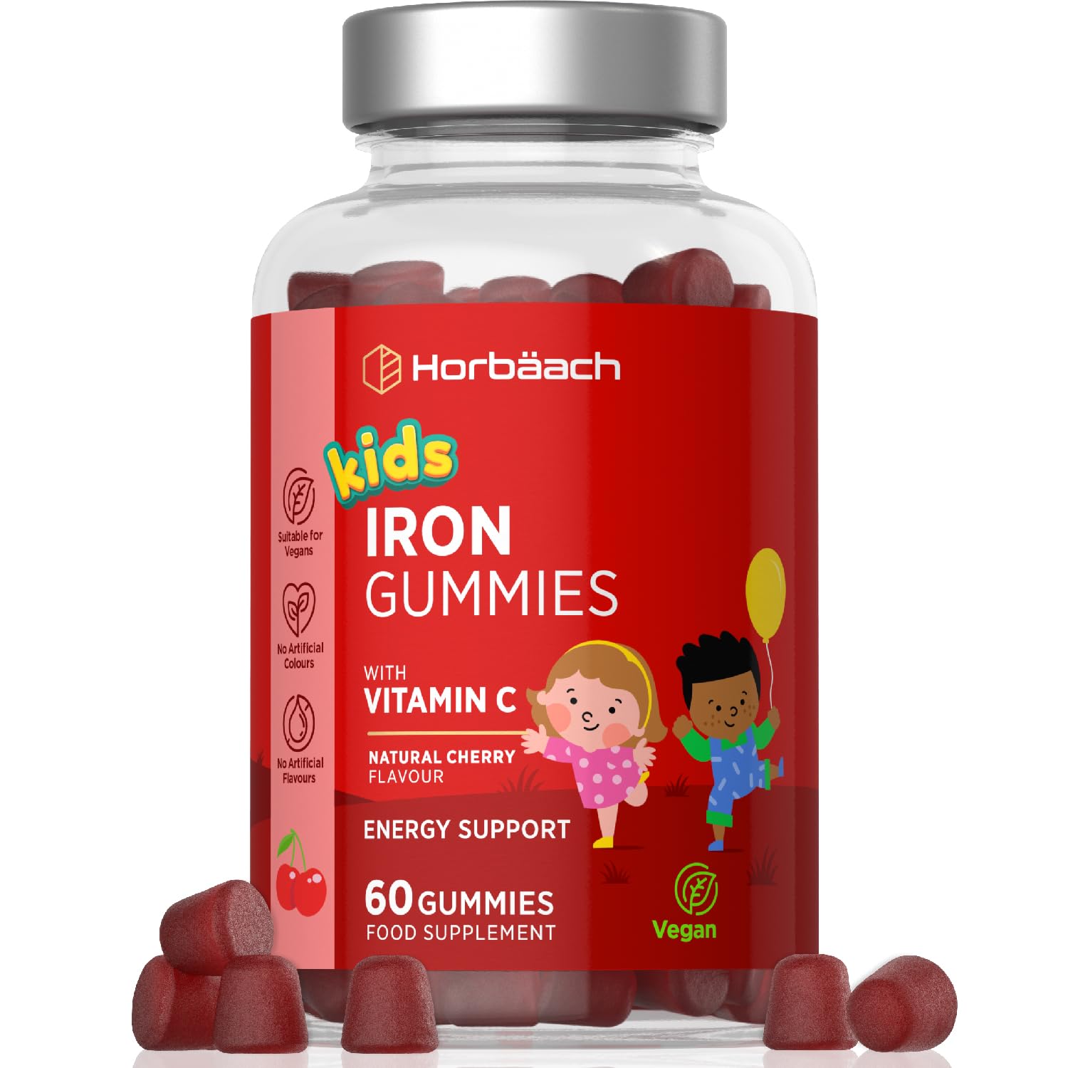Iron Gummies for Kids with Vitamin C | 60 Count (2 Months Supply) | Cherry Flavoured Tablet Alternative for Kids 4+ | 7mg of Iron with 20mg of Vitamin C for Absorption | Energy Support | by Horbaach