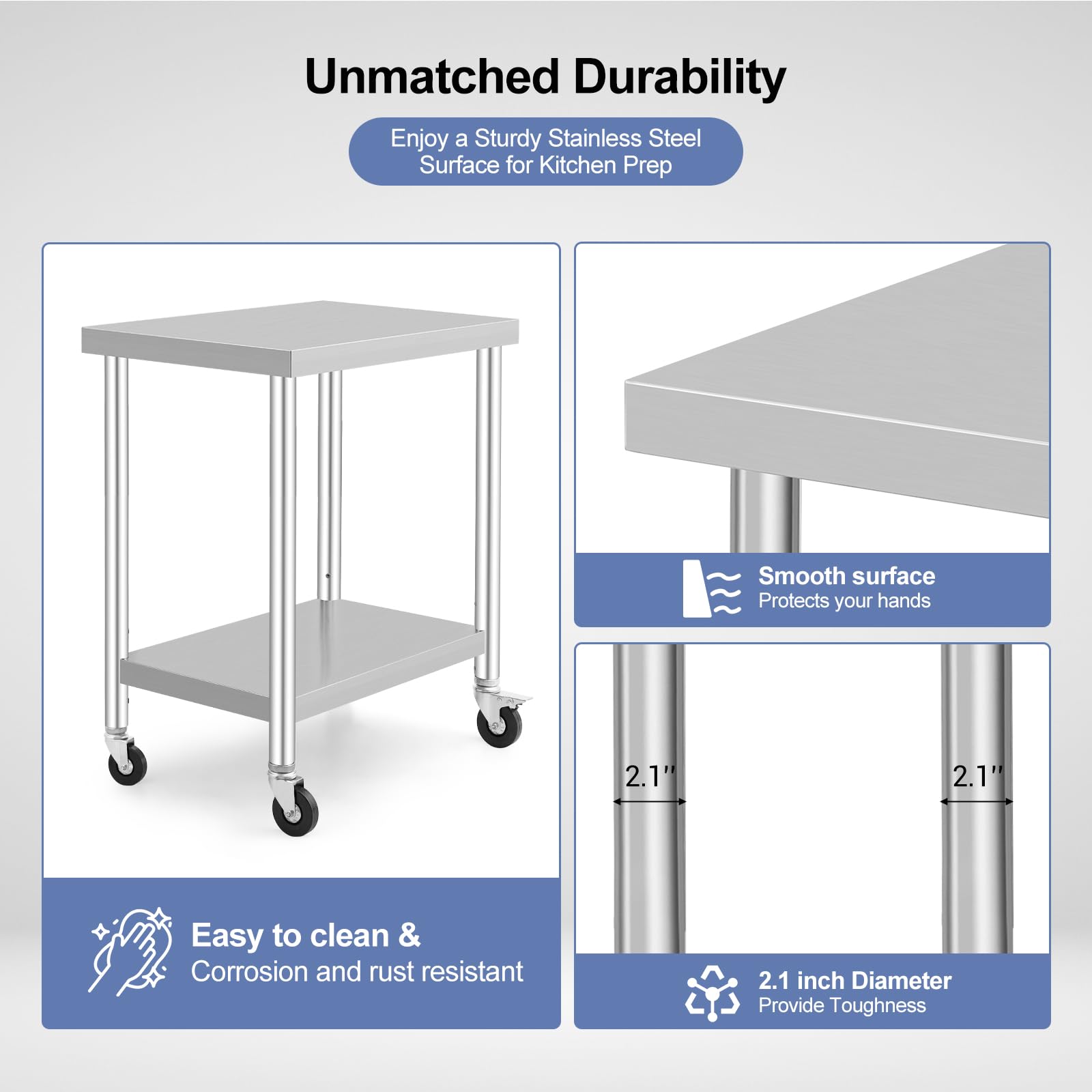 GarveeHome Arbeitstisch aus Edelstahl für Lebensmittelzubereitung, höhenverstellbar mit 3 Stufen, 4 Lenkrollen (2 gebremst), Maße 76x46 cm, ideal für gewerbliche Küchen, Restaurants & Catering