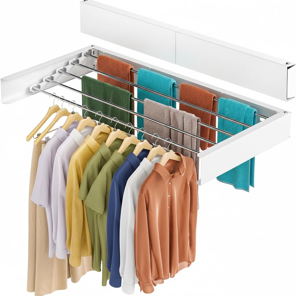 CielHome Wall Mounted Clothes Drying Rack - Foldable and Retractable - 30 Kg Capacity, Collapsible Drying Rack for Indoor & Outdoor Use - 5x70 cm Aluminum Rods For 3.5m Of Hanging Line (White, 70 cm)