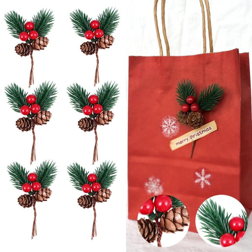 CCUUHJ 10 Pcs Christmas Pine Cone Picks Decorations Artificial Christmas Picks and Sprays Red Berry Stem Branches with Holly Leaves for Xmas Tree Christmas Wreath Decor (10pcs)