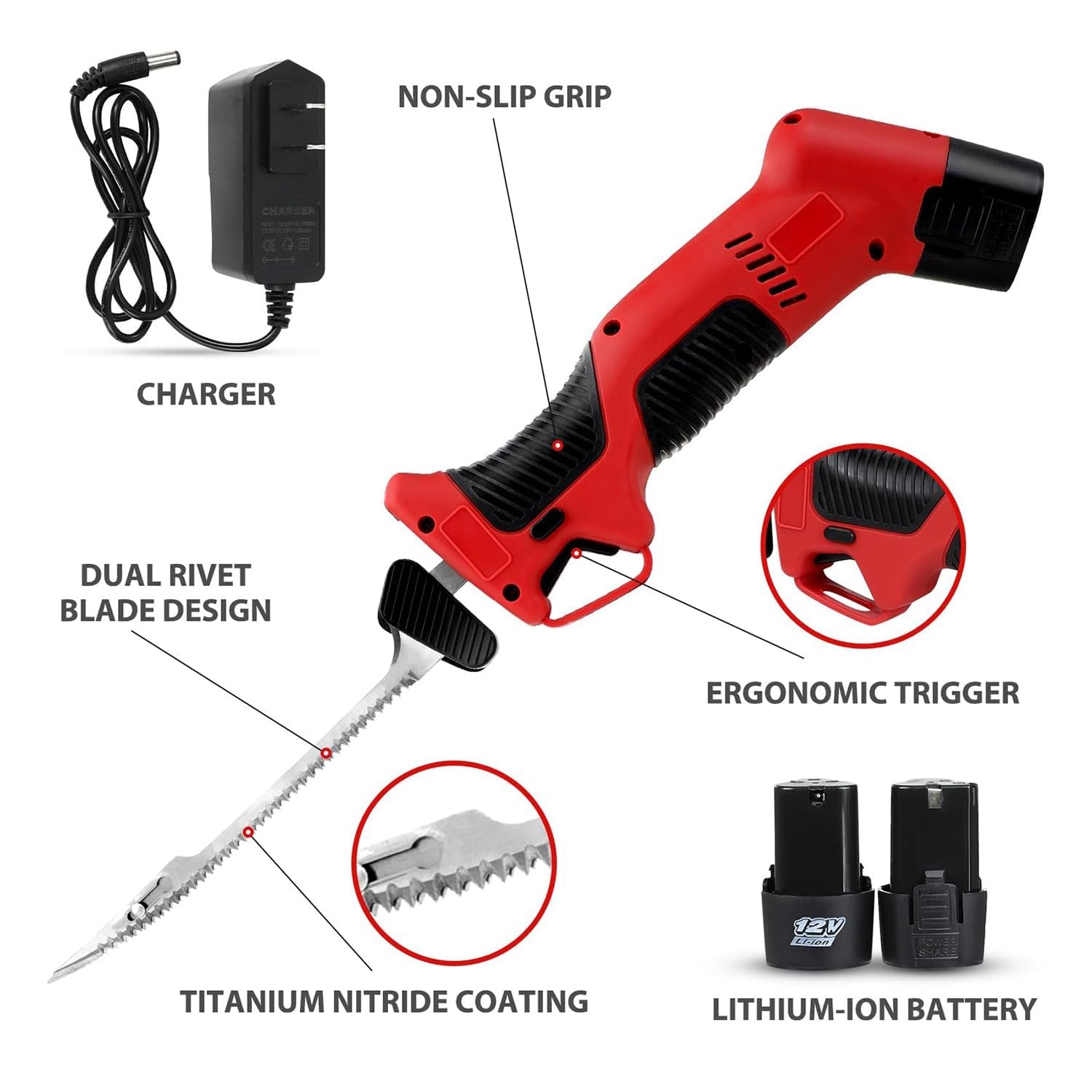 Cuchillo for filetear pescado inalámbrico, cuchillo for filetear eléctrico for pescado con 4 cuchillas alternativas antiadherentes recubiertas de nitruro de ti, cerradura segura, 2 baterías y bolso fo