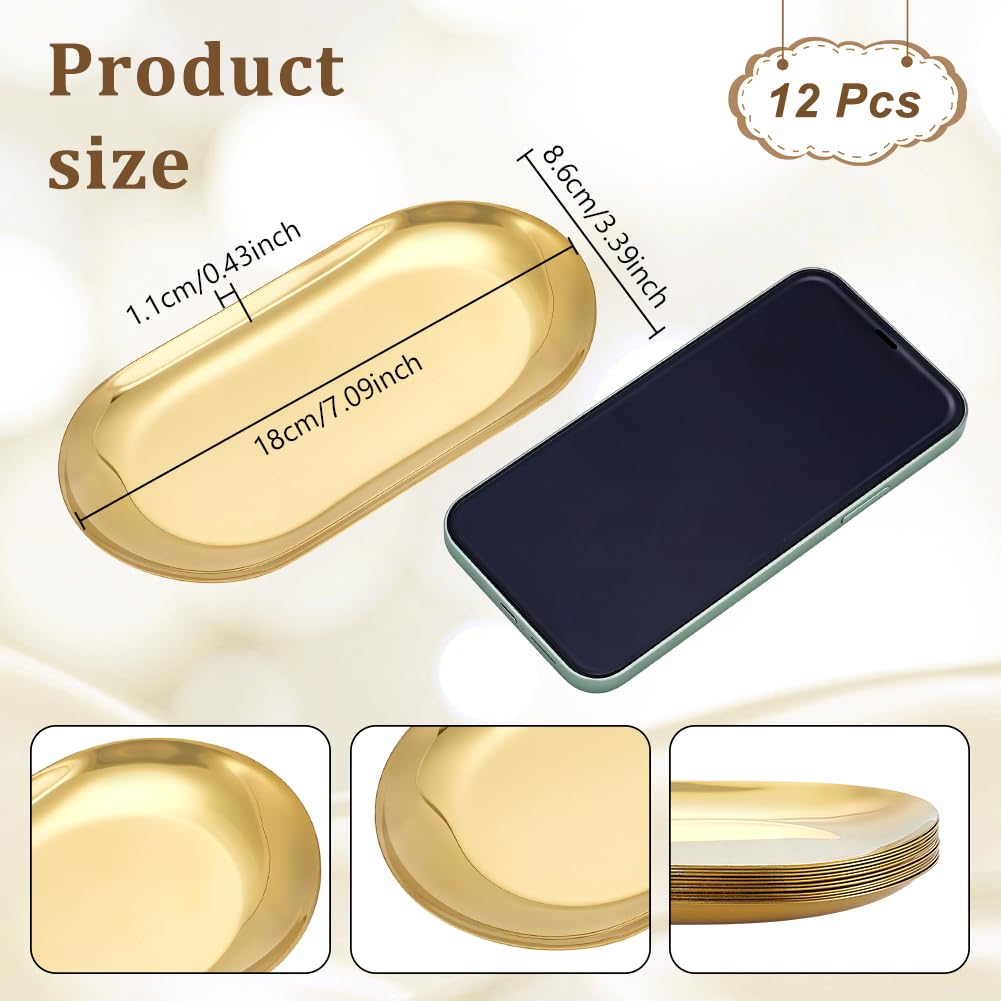 NBEADS Set di 12 vassoio Da Portata In Acciaio Inossidabile, Vassoio Decorativo Ovale per Gioielli Piccoli Vassoi In Metallo per Orecchini Collane Cosmetici Pennelli Sapone, Oro, 18x8.6cm